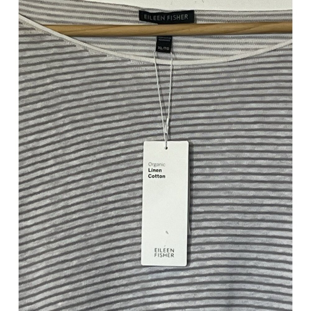 New Eileen Fisher Dove White Gray Stripe Long Sleeve Organic Linen Cotton Top - Picture 7 of 7